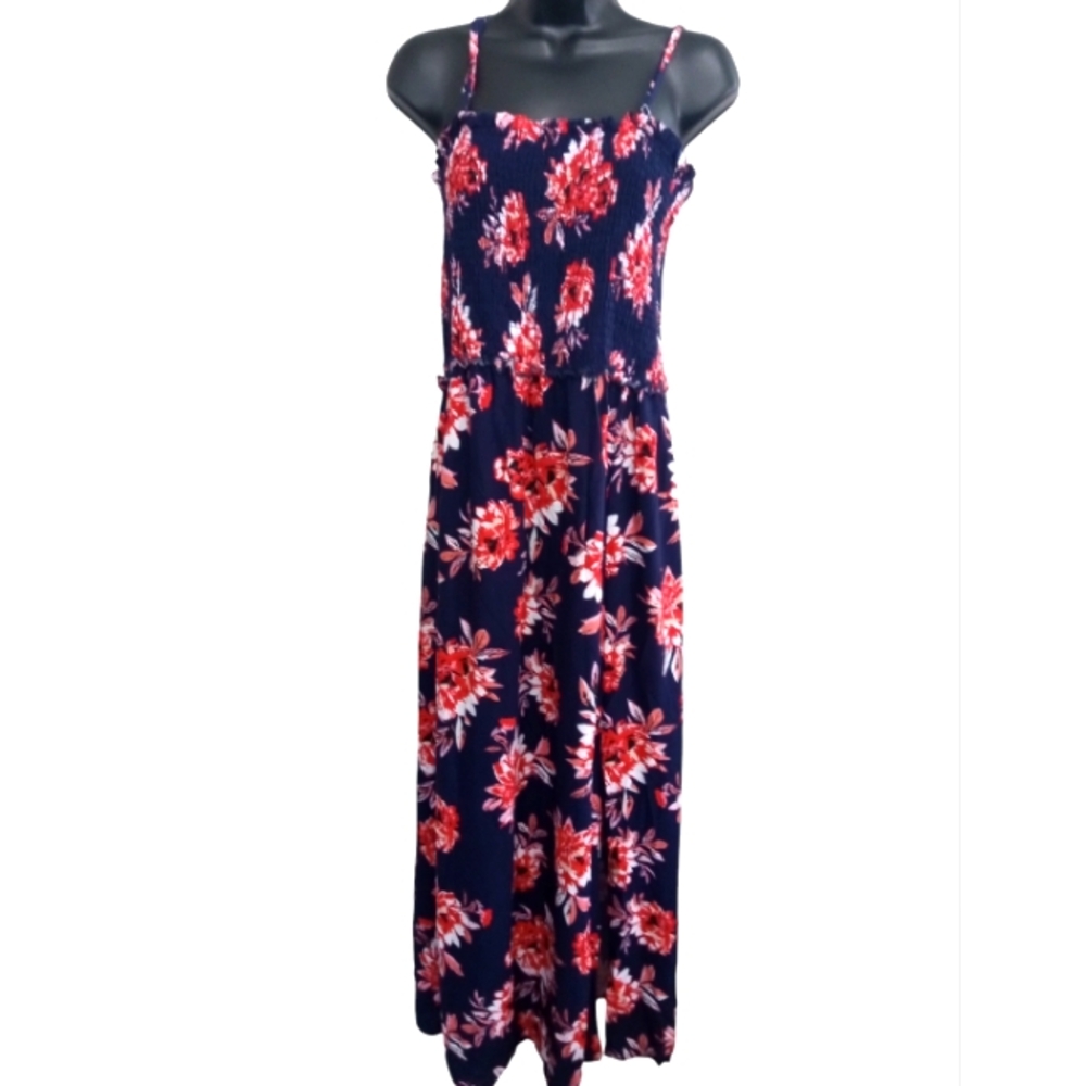 Pacific Vibes Sun Dress XXL Long W/ 2 Leg Slits Floral Spaghetti Strap Stretch